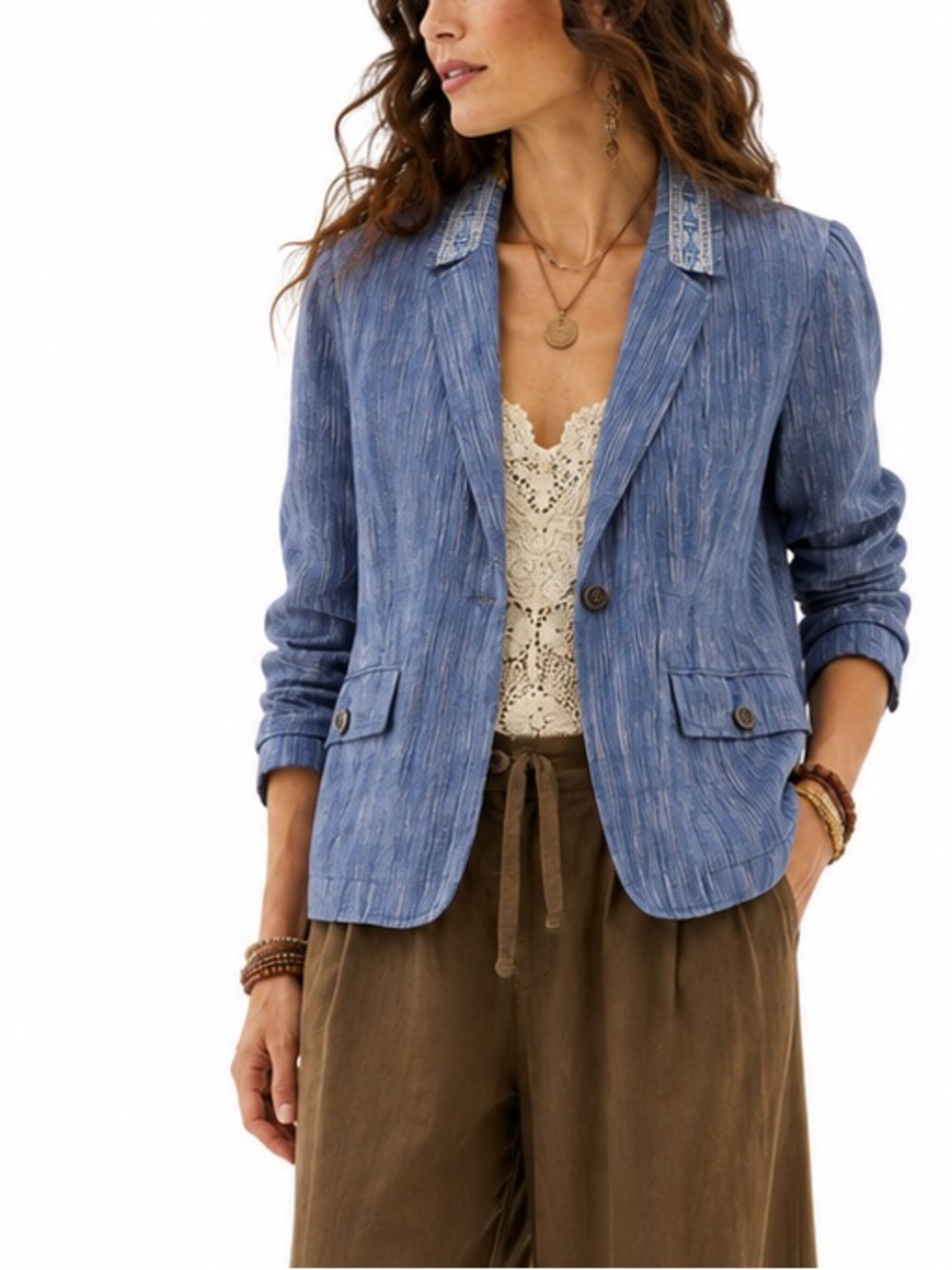 Anthropologie Cartonnier Blue Linen Pinstripe Blazer Jacket Size 10 Boho